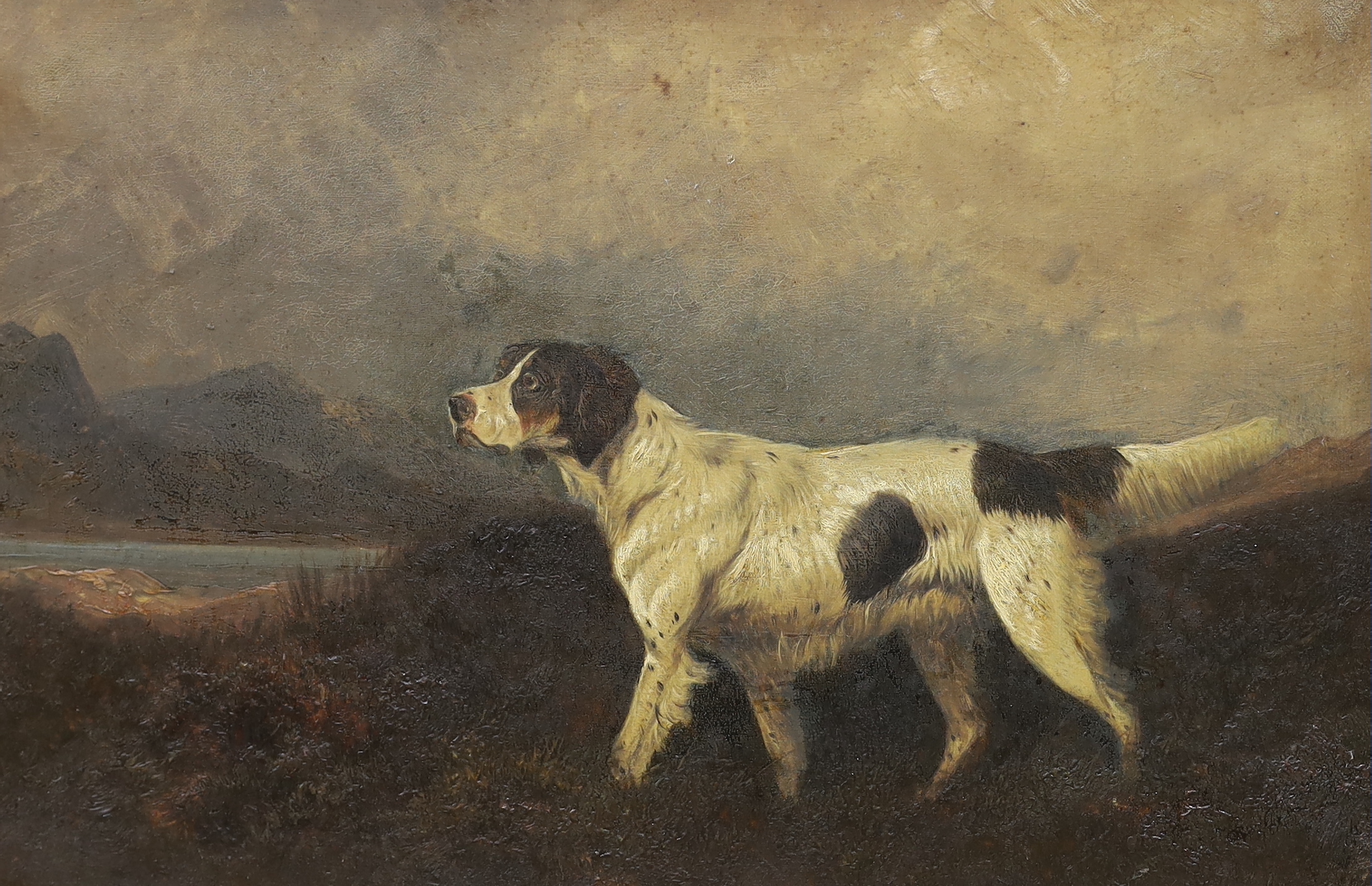 19th century English School, pair of oils on canvas, Gundogs before landscapes, unsigned, 34 x 51cm, housed in ebonised frames